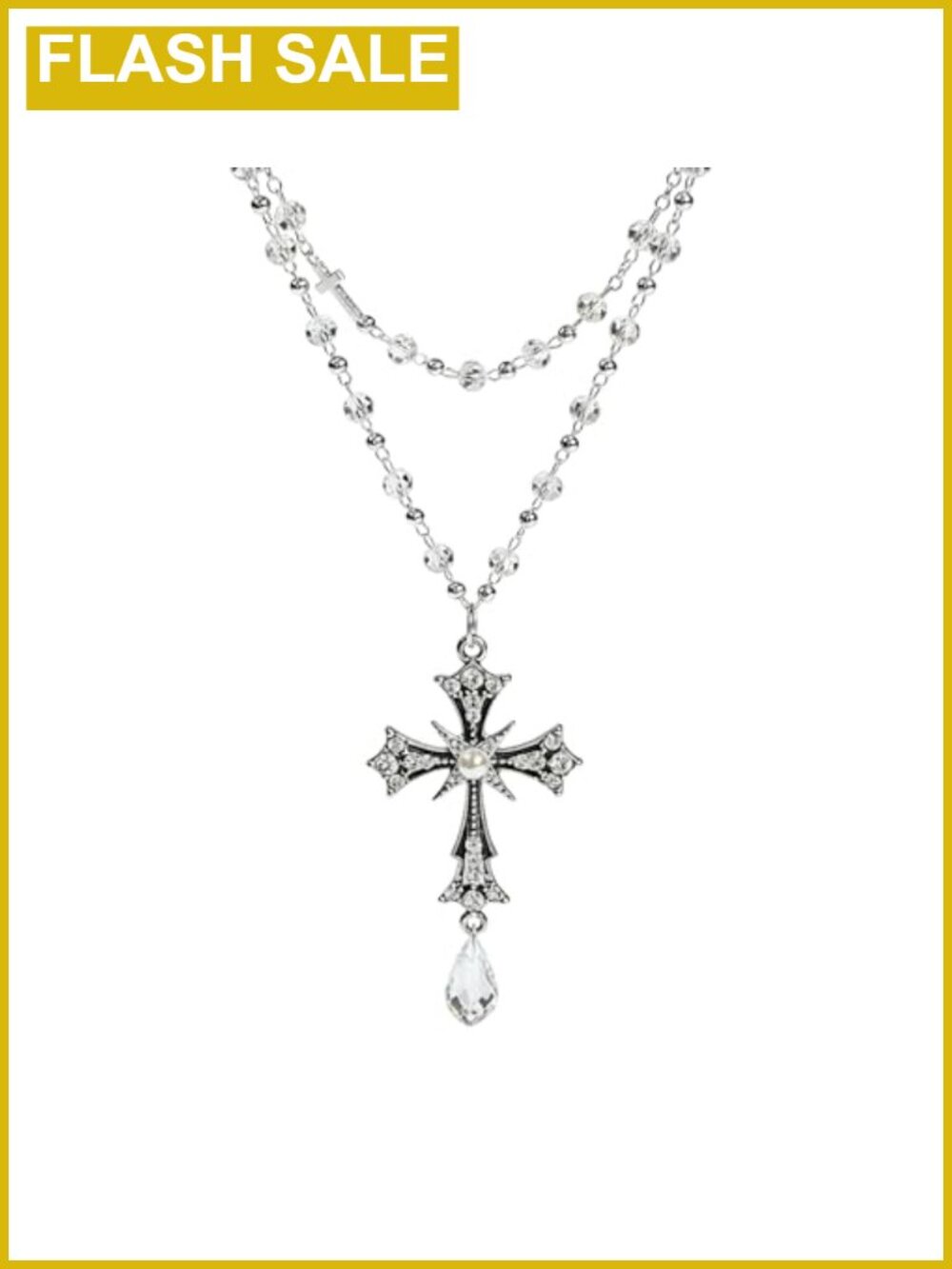 Rhinestone Cross Pendant Rosary Necklace 32 Inch Layered Women's Jewelry